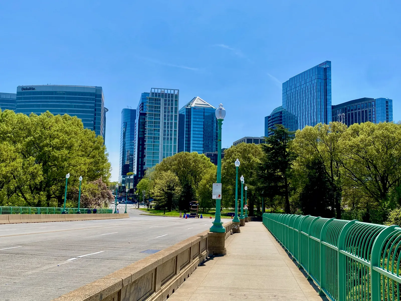 The Rosslyn high-rise skyline across the Potomac from Washington, D.C., in Arlington, Virginia.