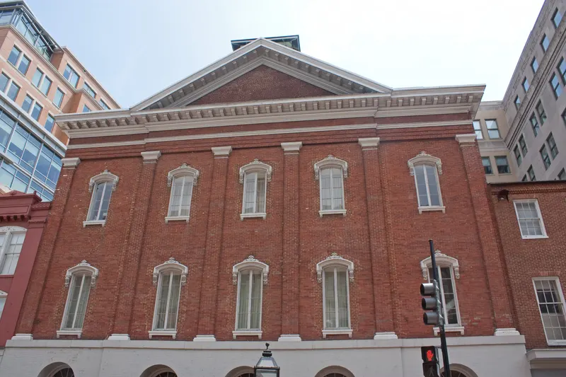 The flag-draped exterior of Ford's Theatre in Washington, D.C.