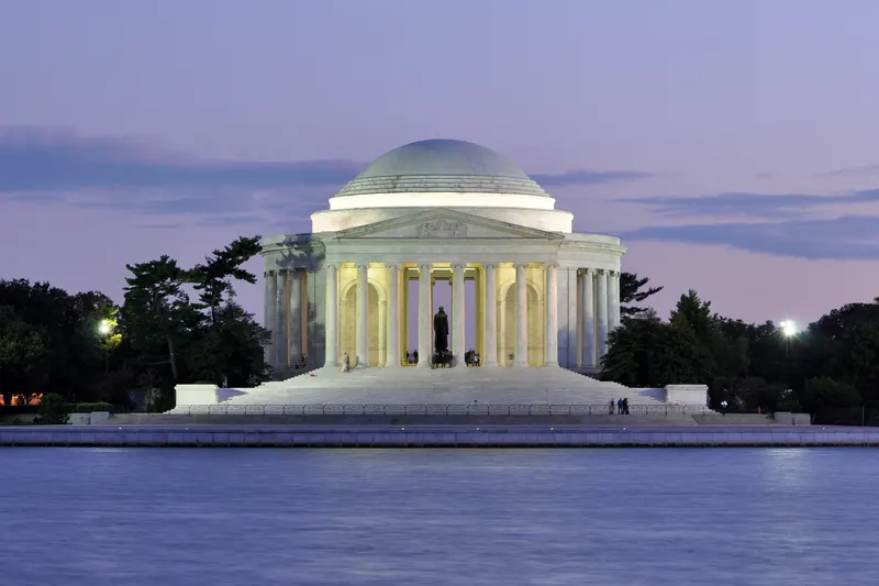 The Jefferson Memorial at dusk across the Tidal Basin