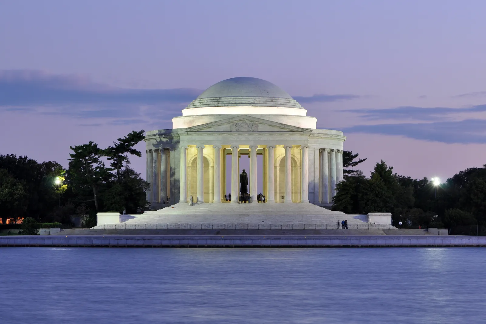 The Jefferson Memorial at dusk across the Tidal Basin