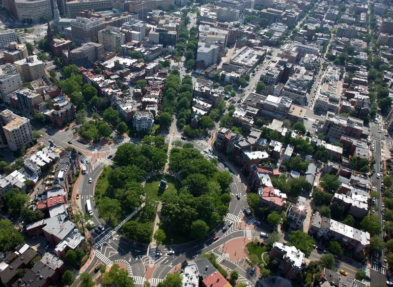 An aerial view of Logan Circle and the surrounding Victorian rowhouses, Washington, D.C.