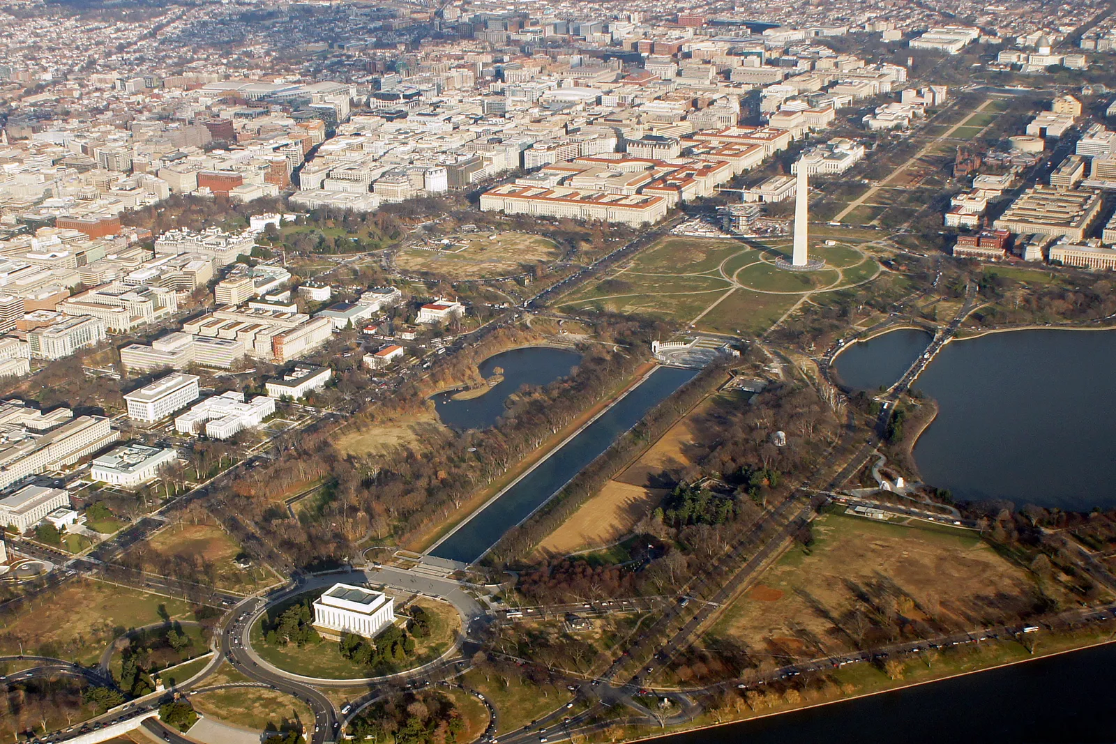 An aerial view down the National Mall toward the U.S. Capitol